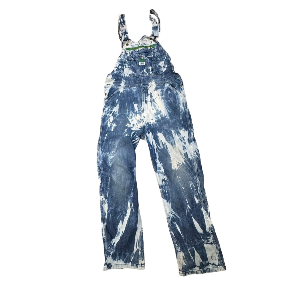 LIBERTY Men's 36x32 Vintage Blue White Acid Wash Bleached Denim Bib Overalls